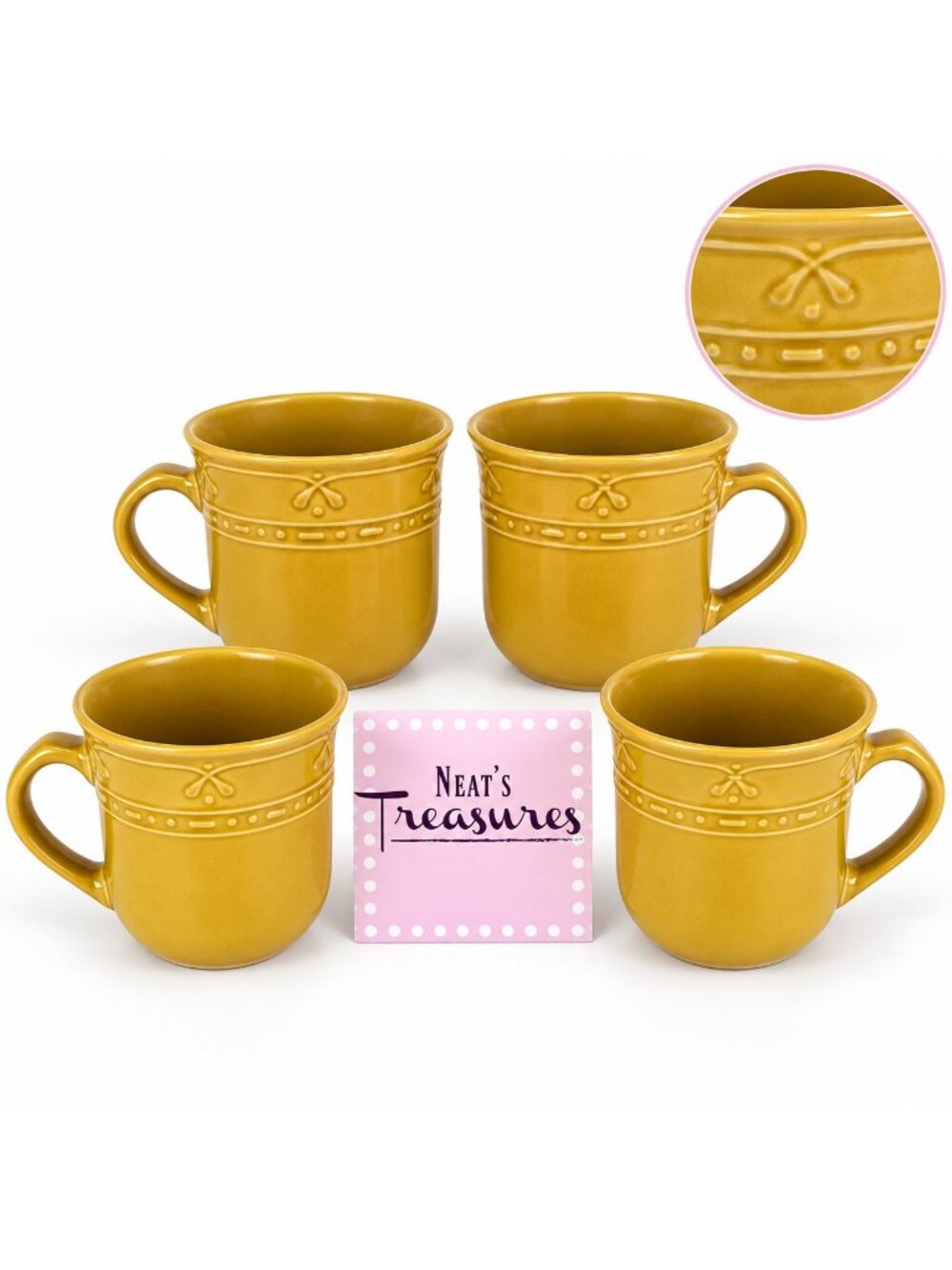 JCPenny FIRENZA DIJOR MUSTARD Embossed Fleur-De-Lis 14oz Ceramic Cup Mug Set 4